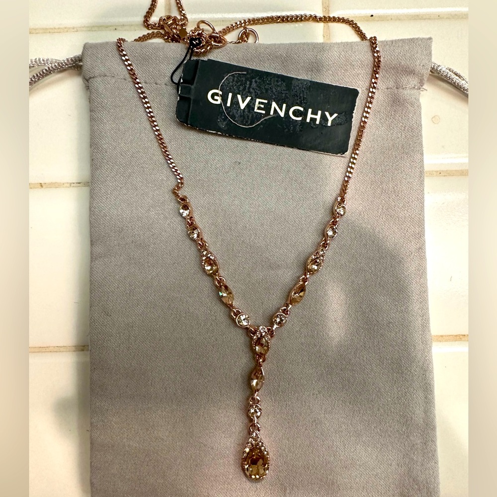 Auth NWT Givenchy Rose Gold with crystal accent drop necklace